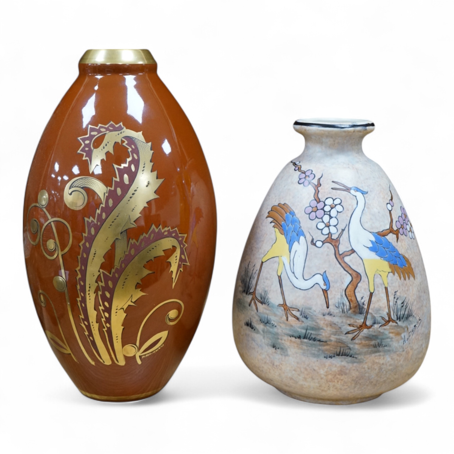 Two French or Belgian Art Deco vases, by Pinon-Maurice and A. Dubois, 34cm